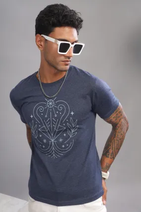 Virgo Vision Denim Blue Half Sleeve Printed Round Neck T-Shirt