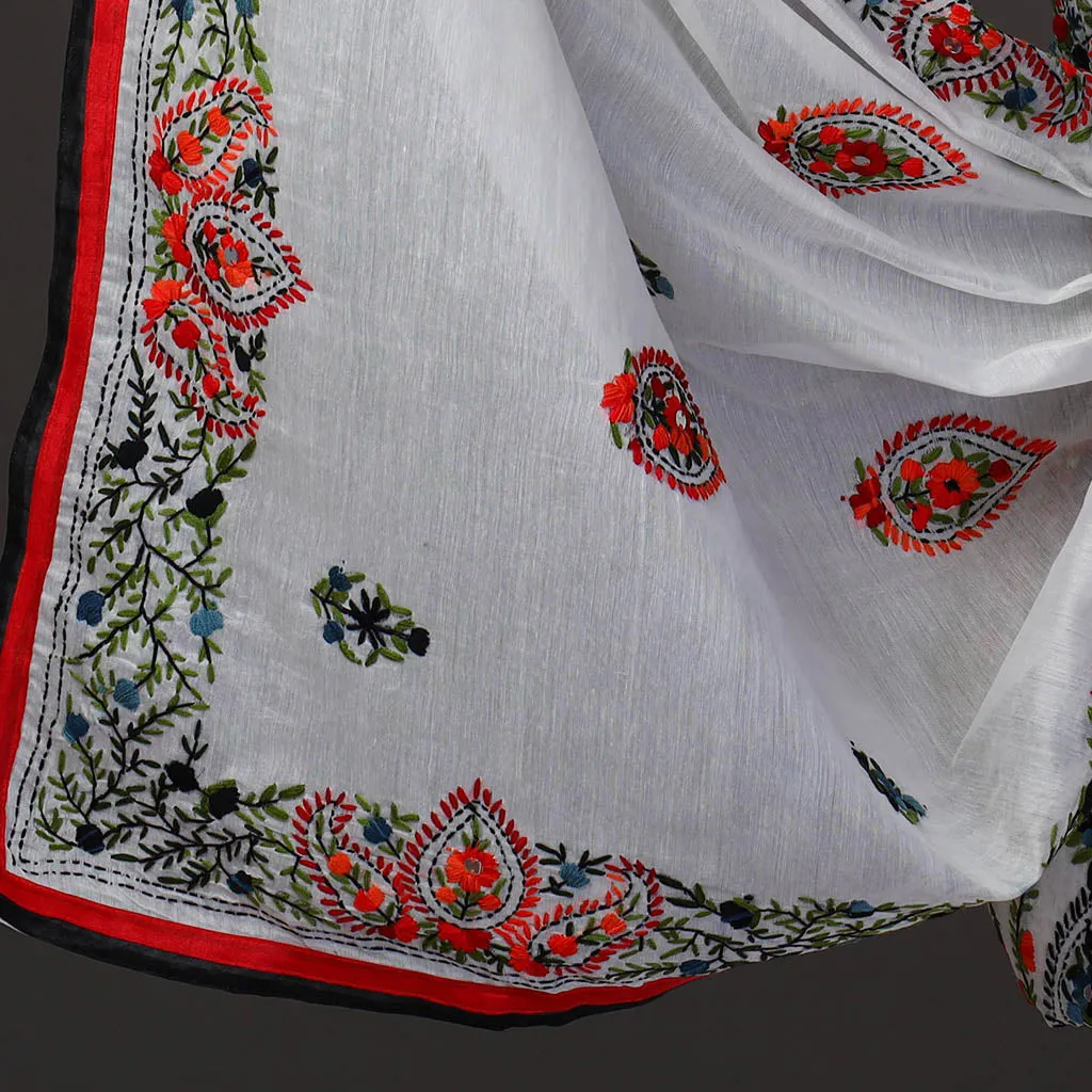 White - 3pc Hand Embroidery Chanderi Silk Phulkari Dress Material 66