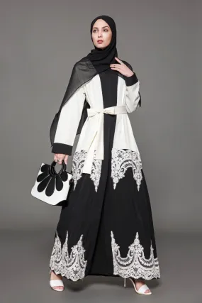 White and Black Colorblock Lace Open Front Abaya