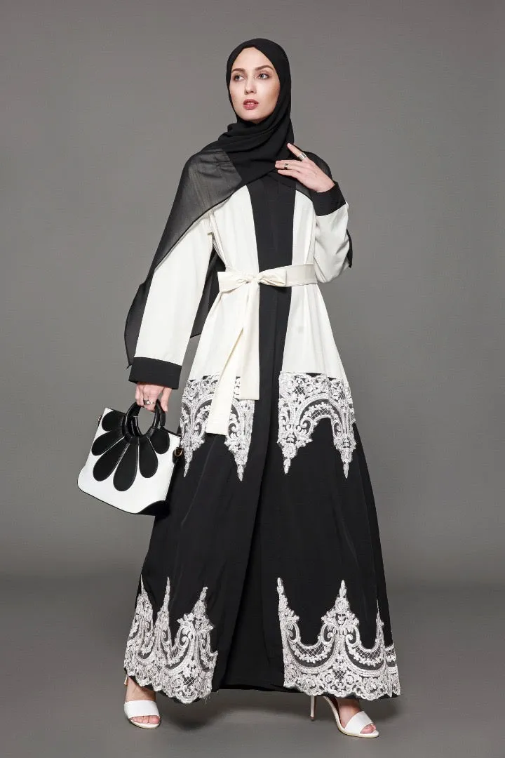 White and Black Colorblock Lace Open Front Abaya