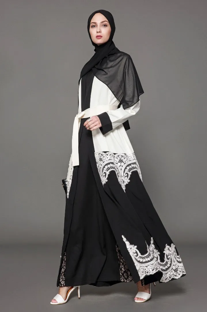 White and Black Colorblock Lace Open Front Abaya