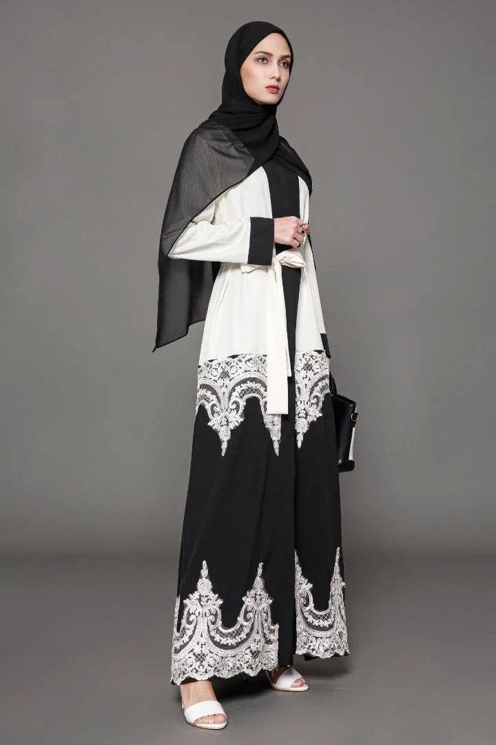 White and Black Colorblock Lace Open Front Abaya