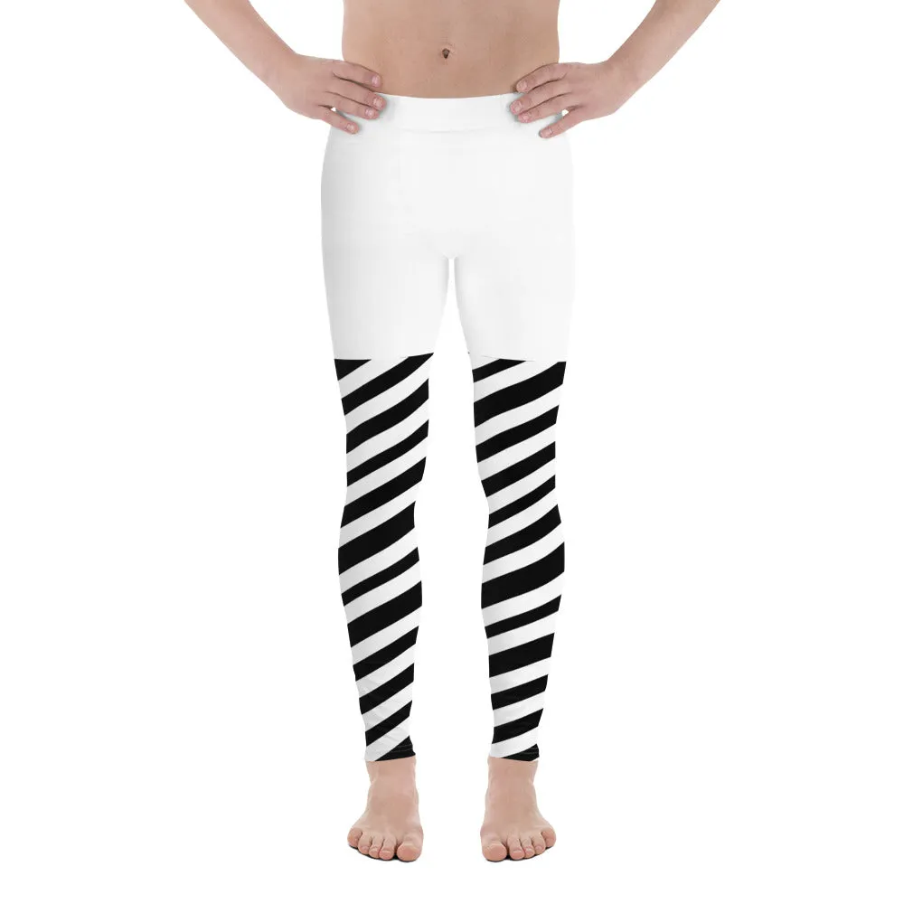 White Black Striped Meggings, Best Men's Leggings, Designer Minimalist Black White Modern Meggings-Made in USA/EU/MX