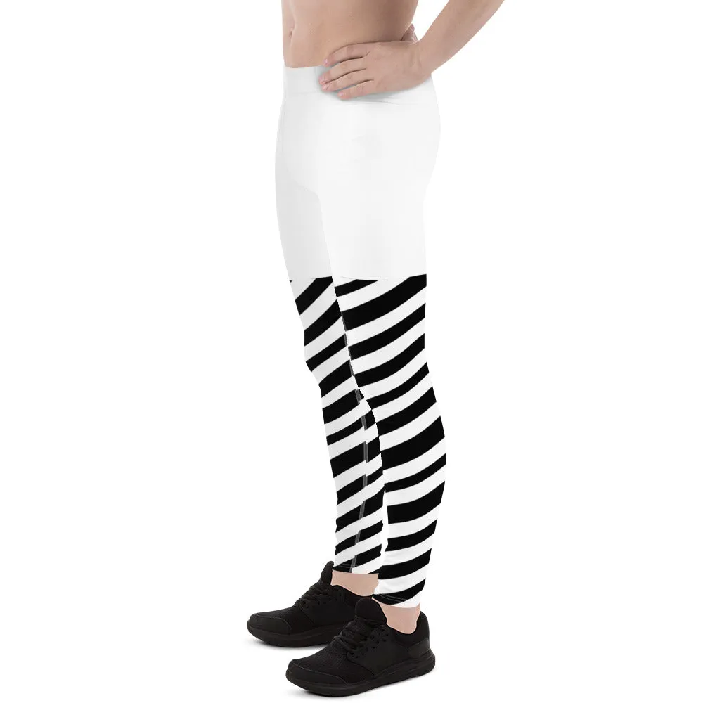 White Black Striped Meggings, Best Men's Leggings, Designer Minimalist Black White Modern Meggings-Made in USA/EU/MX