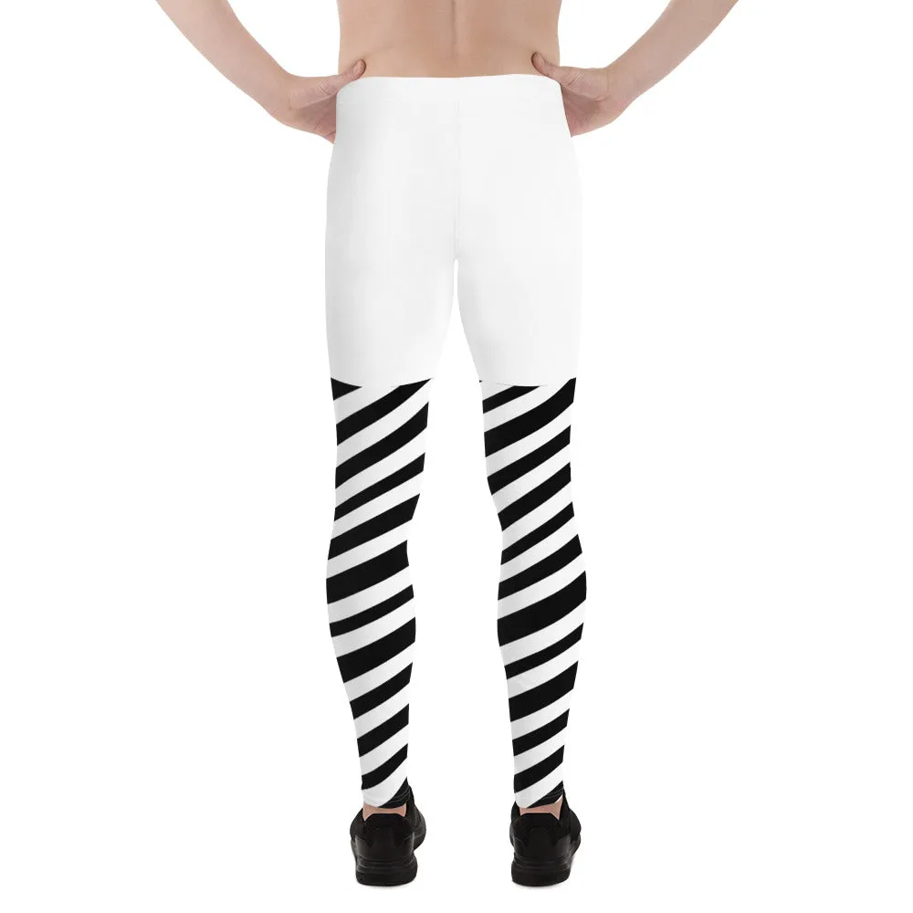 White Black Striped Meggings, Best Men's Leggings, Designer Minimalist Black White Modern Meggings-Made in USA/EU/MX