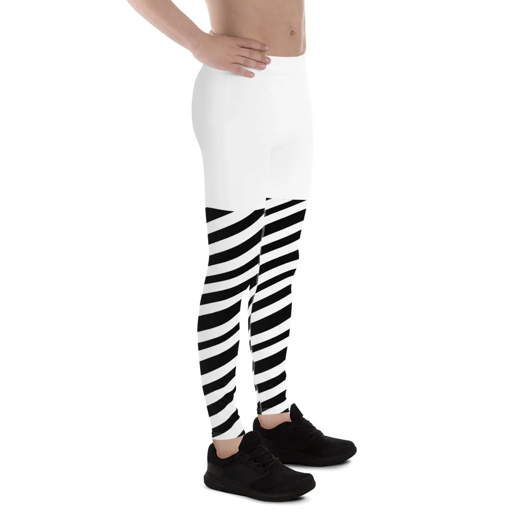 White Black Striped Meggings, Best Men's Leggings, Designer Minimalist Black White Modern Meggings-Made in USA/EU/MX