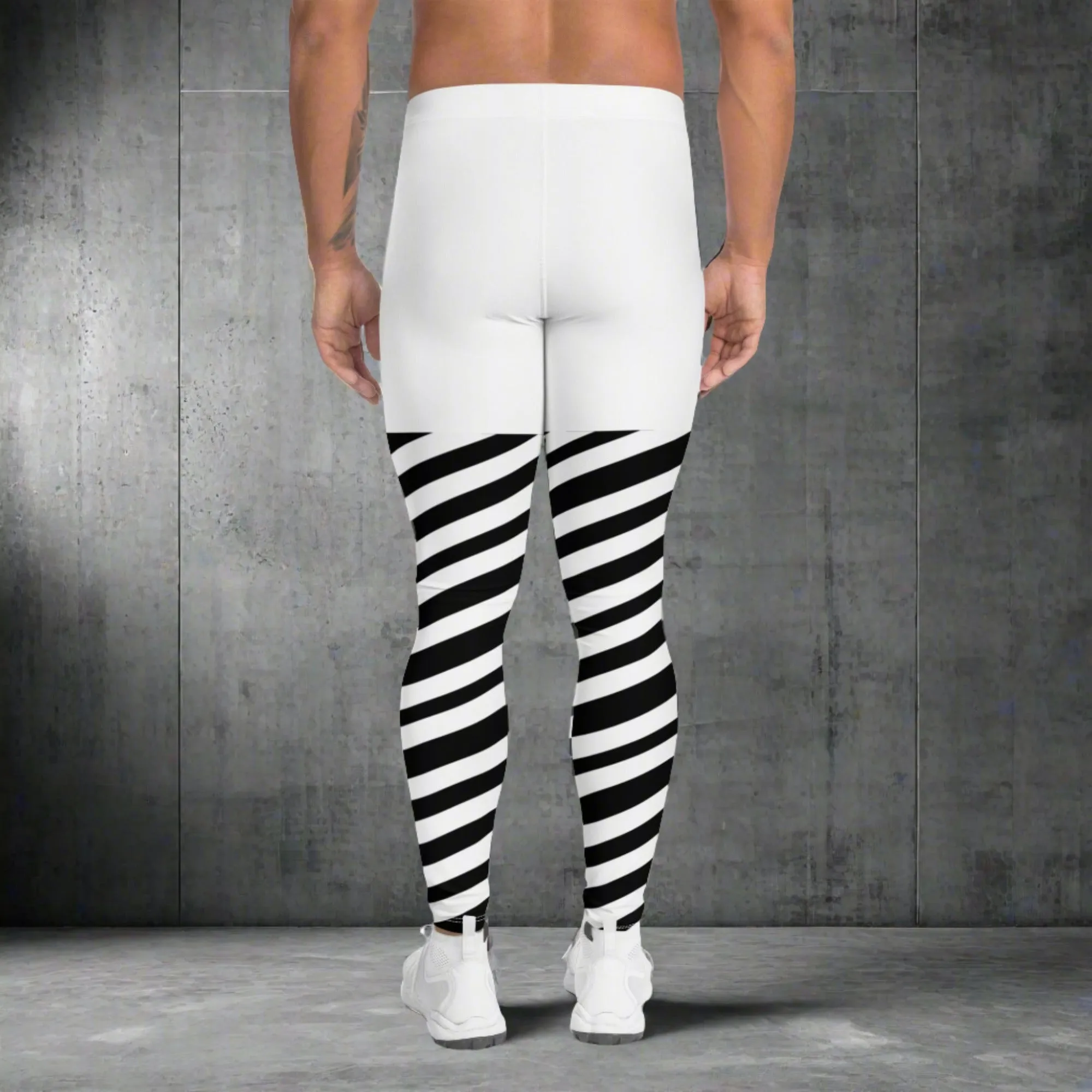 White Black Striped Meggings, Best Men's Leggings, Designer Minimalist Black White Modern Meggings-Made in USA/EU/MX