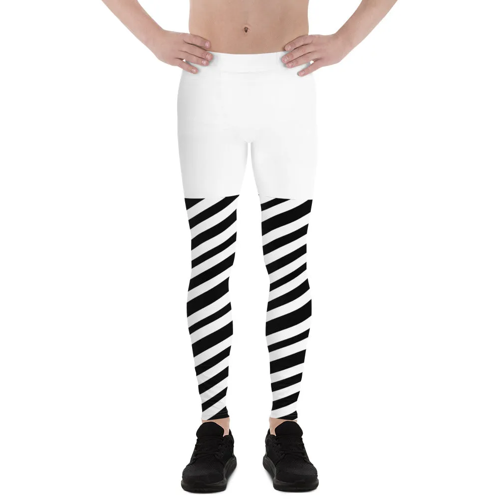 White Black Striped Meggings, Best Men's Leggings, Designer Minimalist Black White Modern Meggings-Made in USA/EU/MX