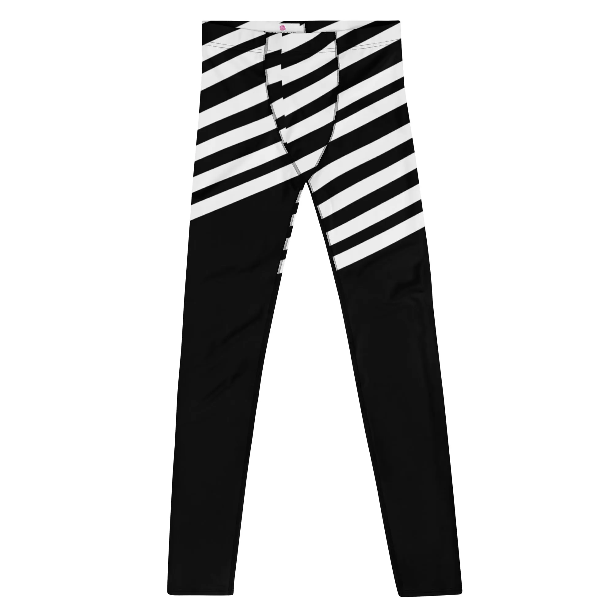 White Black Striped Meggings, Designer Men's Leggings, Designer Minimalist Black White Modern Meggings-Made in USA/EU/MX