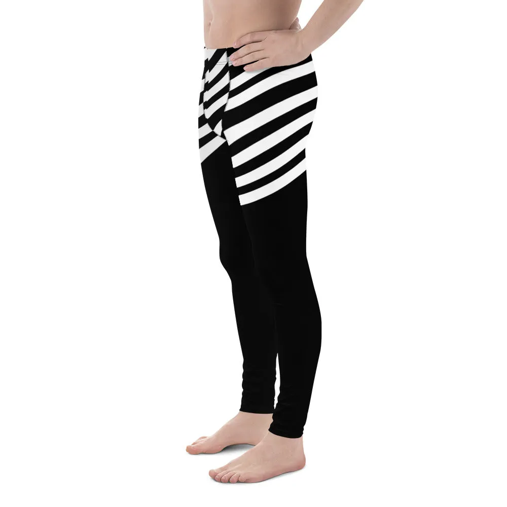 White Black Striped Meggings, Designer Men's Leggings, Designer Minimalist Black White Modern Meggings-Made in USA/EU/MX