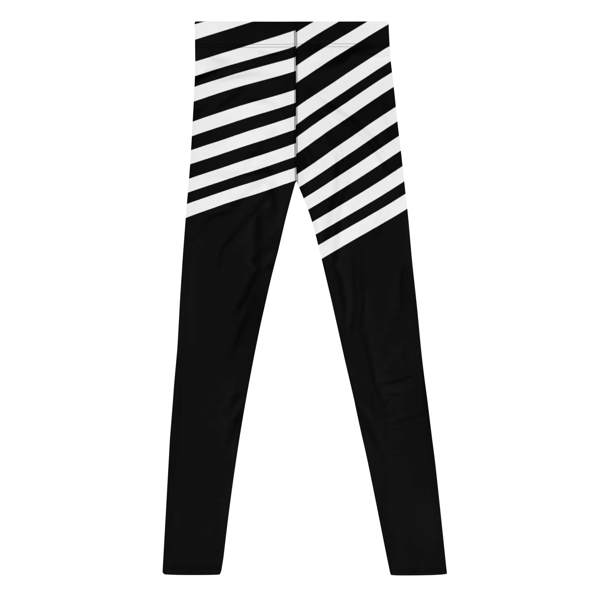 White Black Striped Meggings, Designer Men's Leggings, Designer Minimalist Black White Modern Meggings-Made in USA/EU/MX