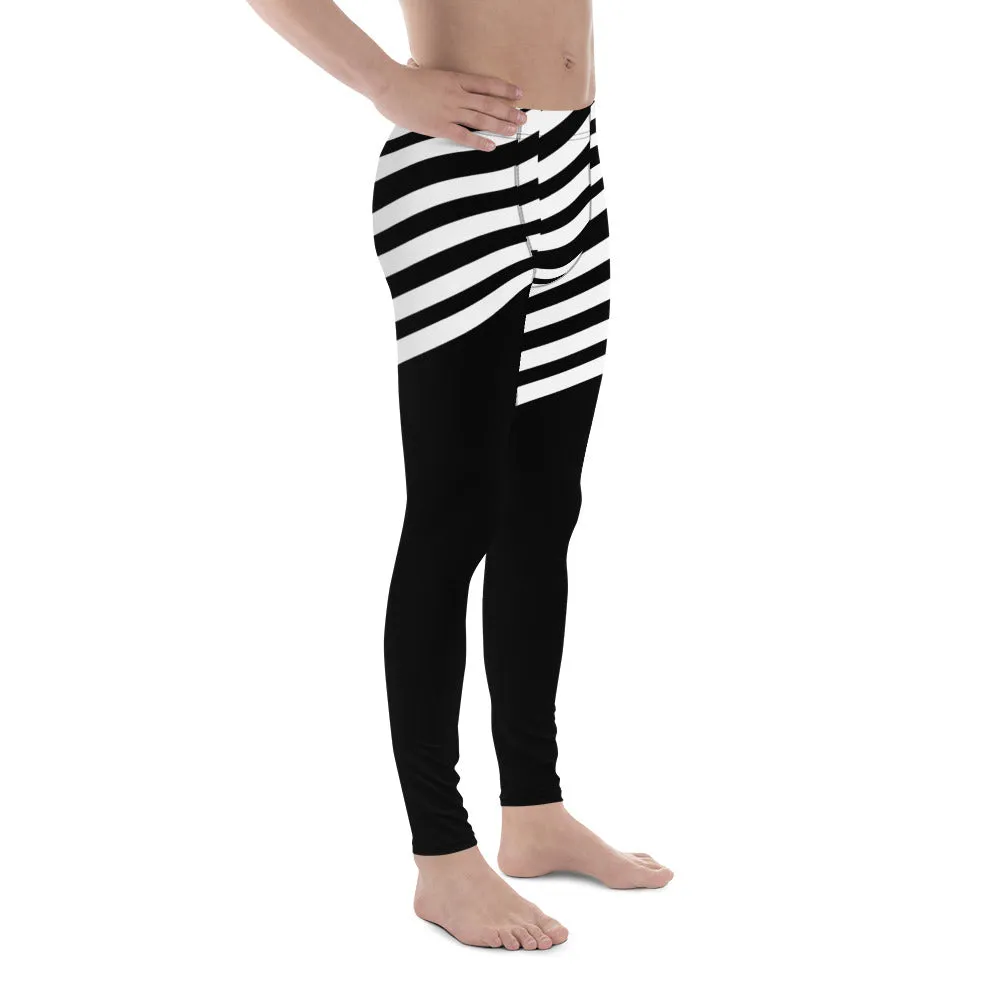 White Black Striped Meggings, Designer Men's Leggings, Designer Minimalist Black White Modern Meggings-Made in USA/EU/MX