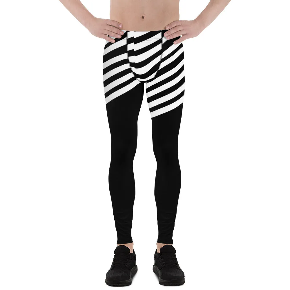 White Black Striped Meggings, Designer Men's Leggings, Designer Minimalist Black White Modern Meggings-Made in USA/EU/MX