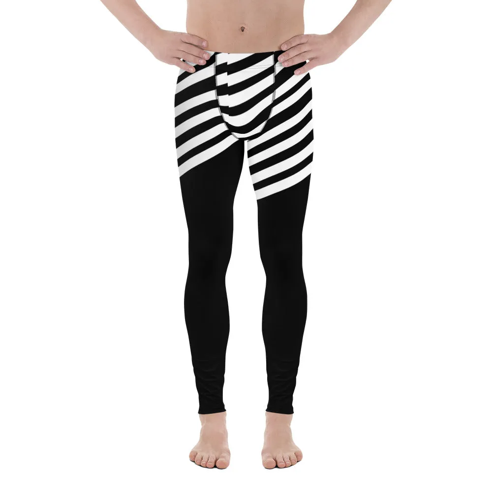 White Black Striped Meggings, Designer Men's Leggings, Designer Minimalist Black White Modern Meggings-Made in USA/EU/MX