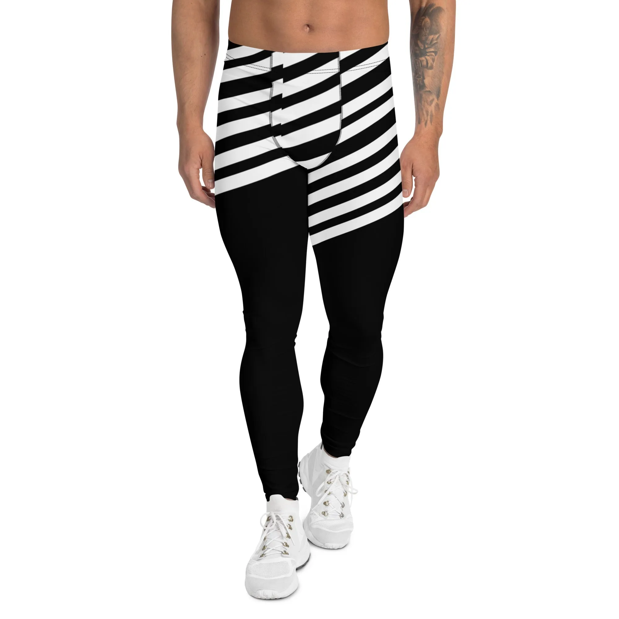 White Black Striped Meggings, Designer Men's Leggings, Designer Minimalist Black White Modern Meggings-Made in USA/EU/MX