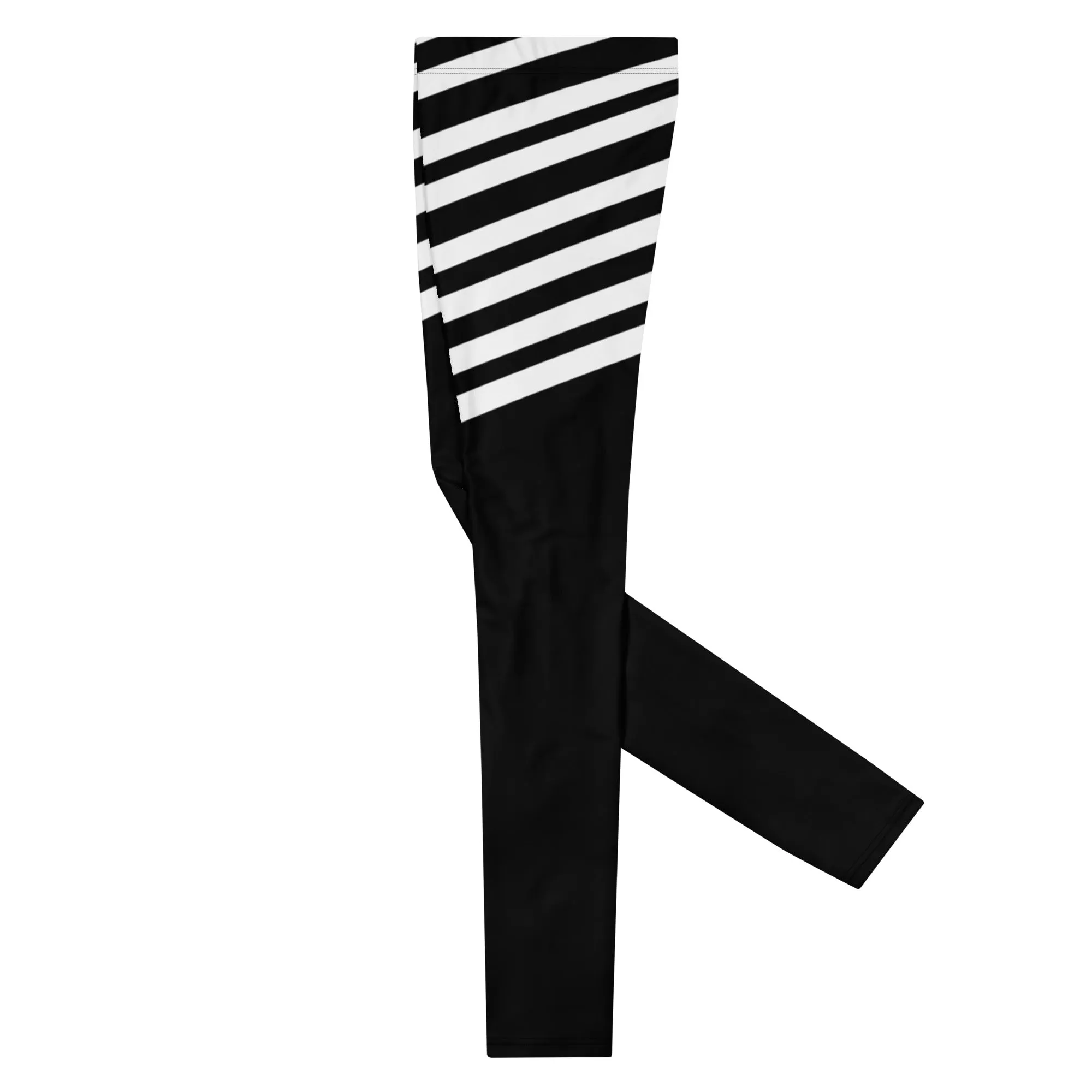 White Black Striped Meggings, Designer Men's Leggings, Designer Minimalist Black White Modern Meggings-Made in USA/EU/MX