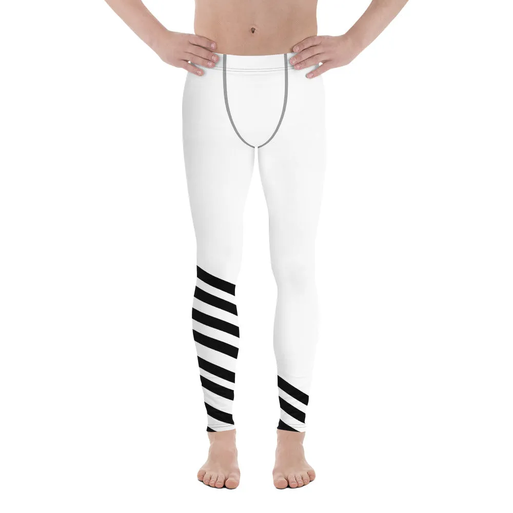 White Diagonally Striped Men's Leggings, Designer Minimalist Black White Modern Meggings-Made in USA/EU/MX