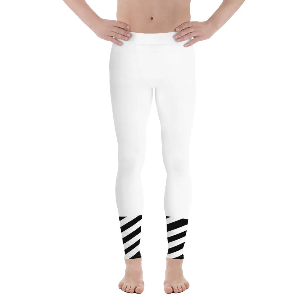 White Striped Black Meggings, Best White Modern Stripes Men's Leggings, Designer Minimalist Black White Modern Meggings-Made in USA/EU/MX