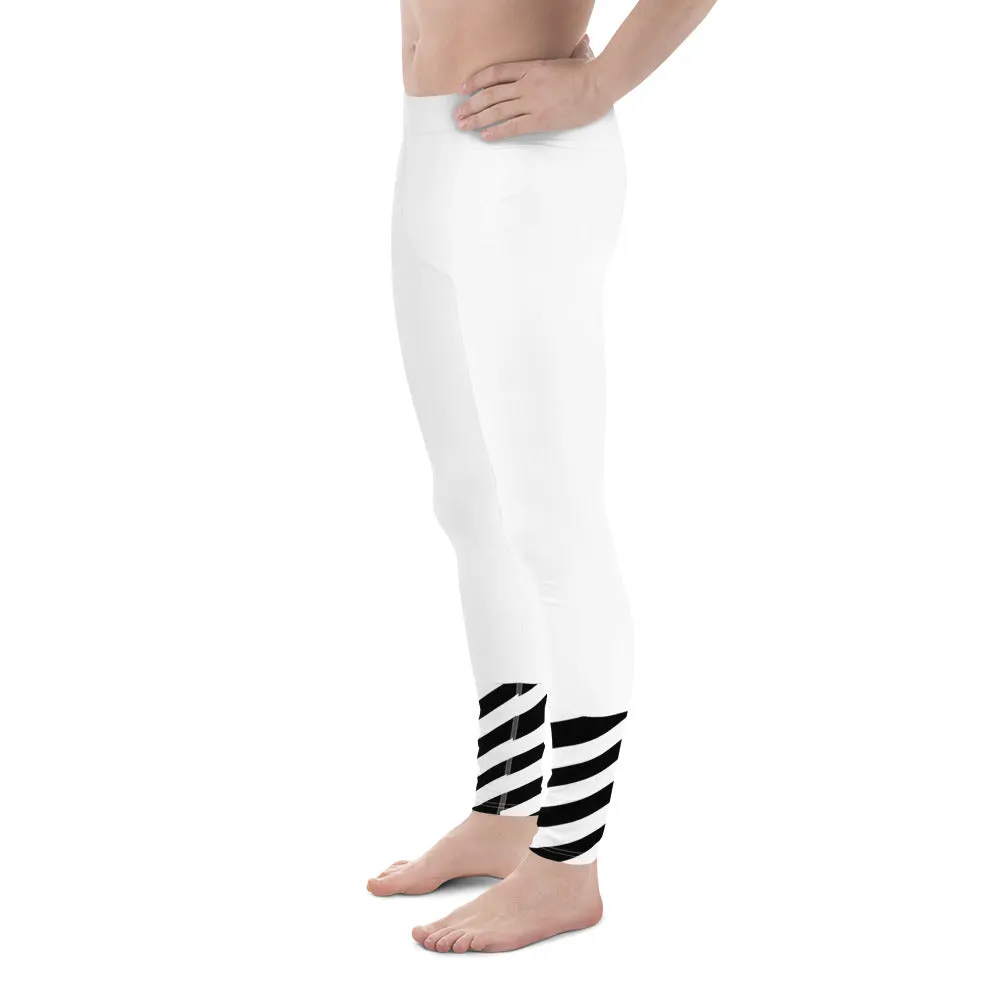 White Striped Black Meggings, Best White Modern Stripes Men's Leggings, Designer Minimalist Black White Modern Meggings-Made in USA/EU/MX