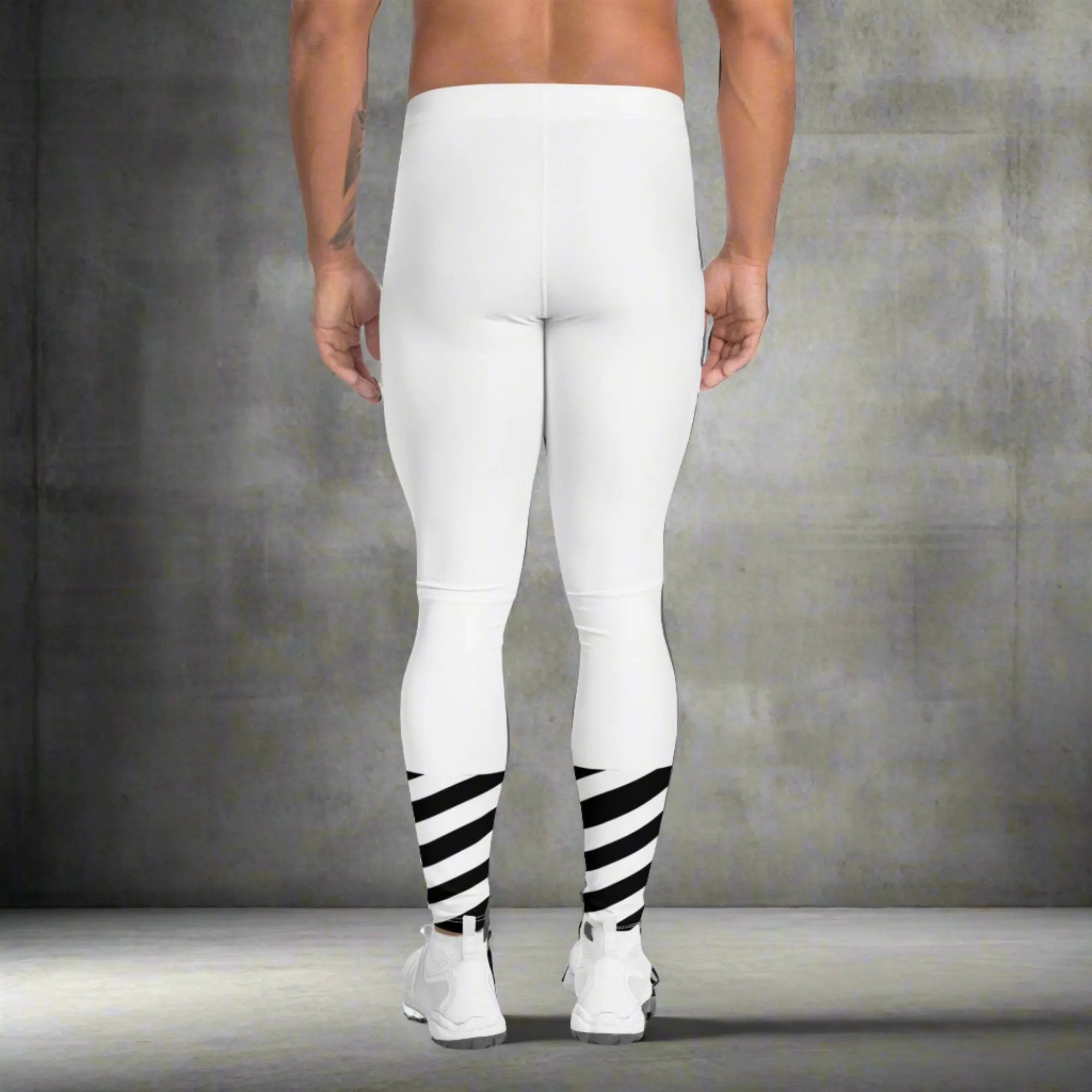 White Striped Black Meggings, Best White Modern Stripes Men's Leggings, Designer Minimalist Black White Modern Meggings-Made in USA/EU/MX