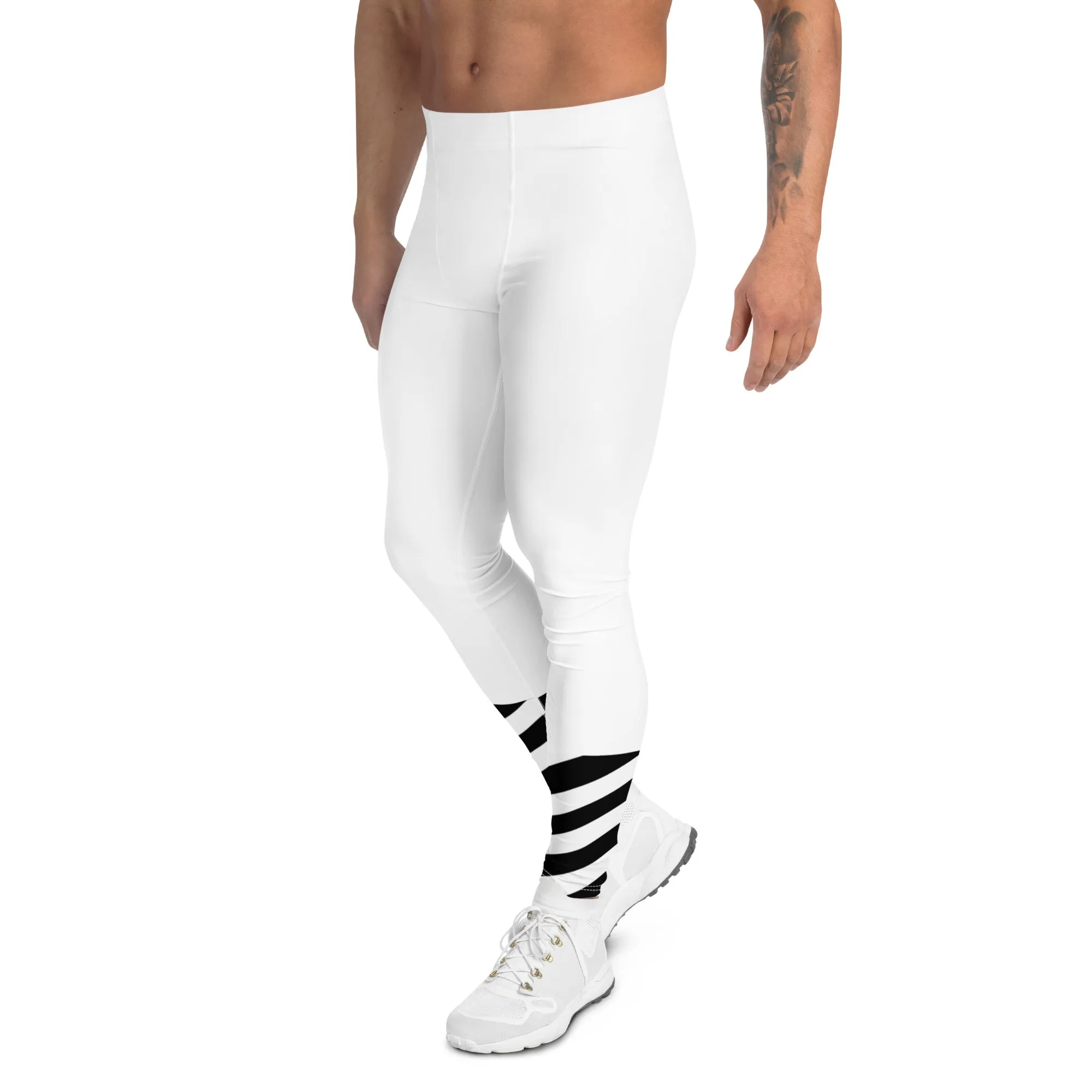 White Striped Black Meggings, Best White Modern Stripes Men's Leggings, Designer Minimalist Black White Modern Meggings-Made in USA/EU/MX