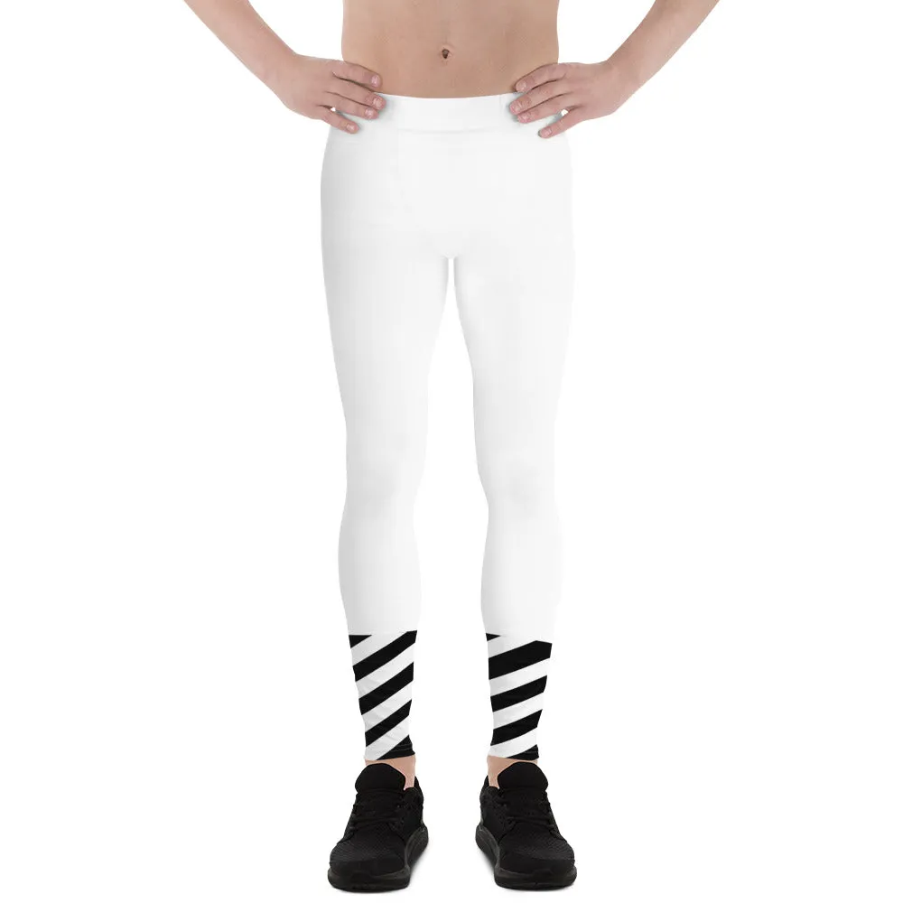 White Striped Black Meggings, Best White Modern Stripes Men's Leggings, Designer Minimalist Black White Modern Meggings-Made in USA/EU/MX