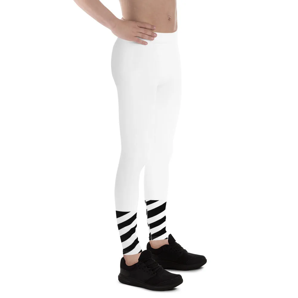 White Striped Black Meggings, Best White Modern Stripes Men's Leggings, Designer Minimalist Black White Modern Meggings-Made in USA/EU/MX