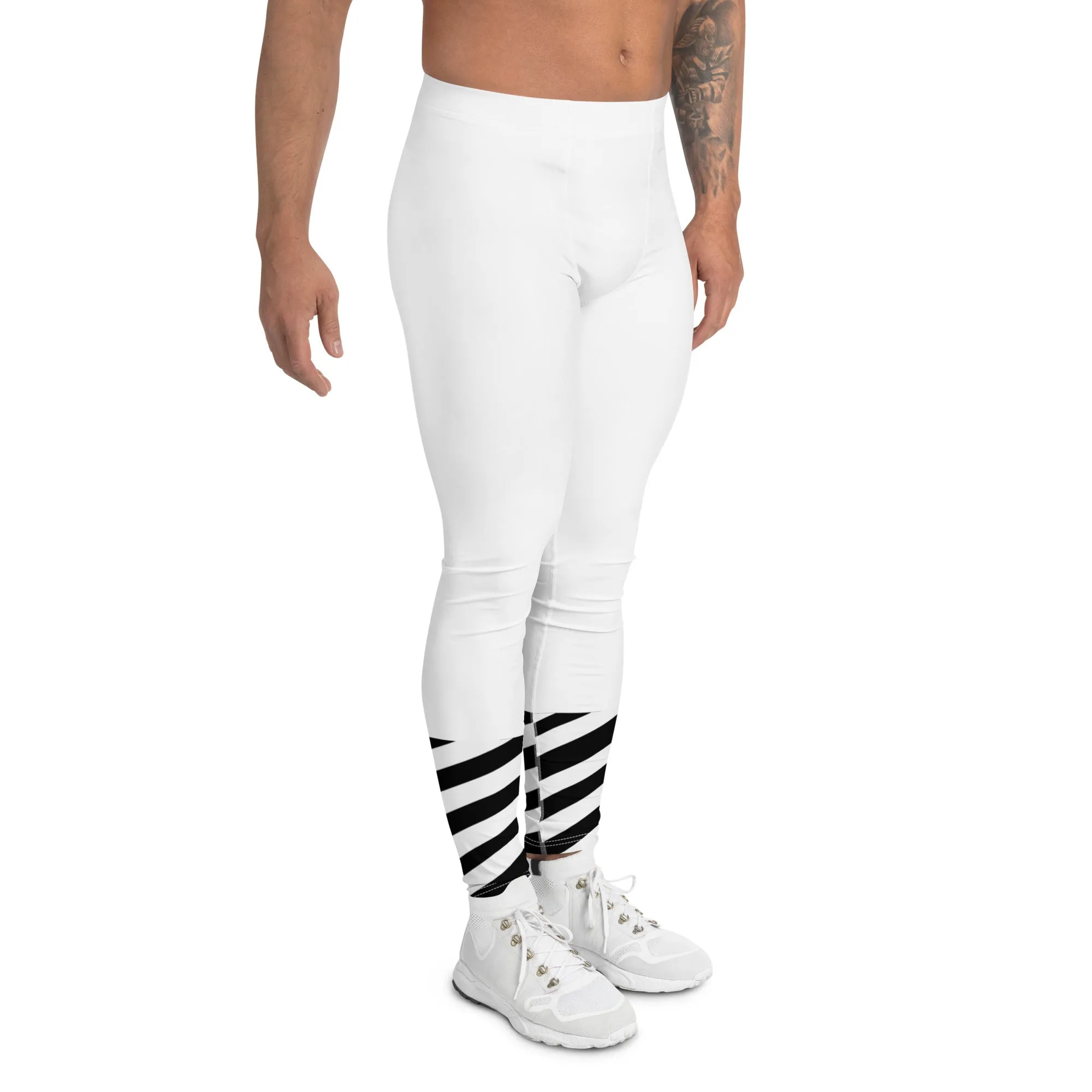 White Striped Black Meggings, Best White Modern Stripes Men's Leggings, Designer Minimalist Black White Modern Meggings-Made in USA/EU/MX