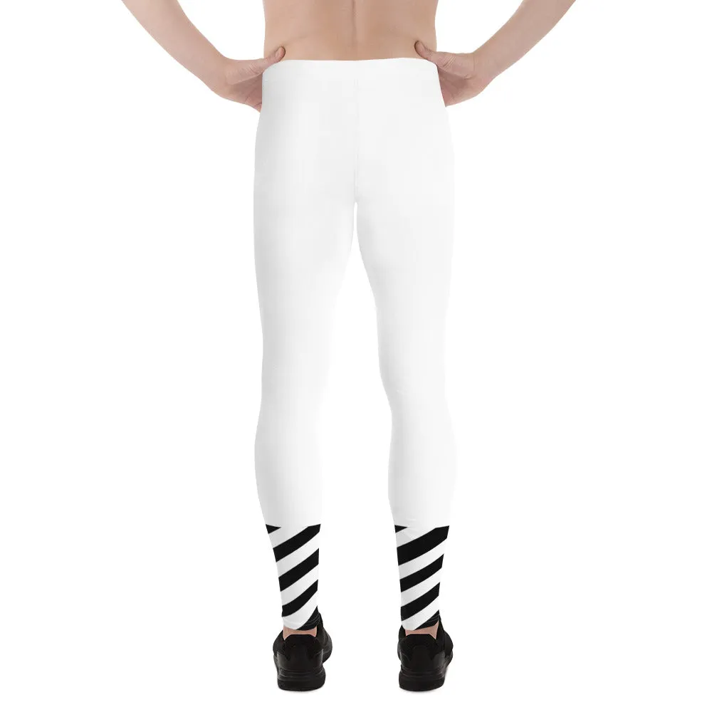 White Striped Black Meggings, Best White Modern Stripes Men's Leggings, Designer Minimalist Black White Modern Meggings-Made in USA/EU/MX