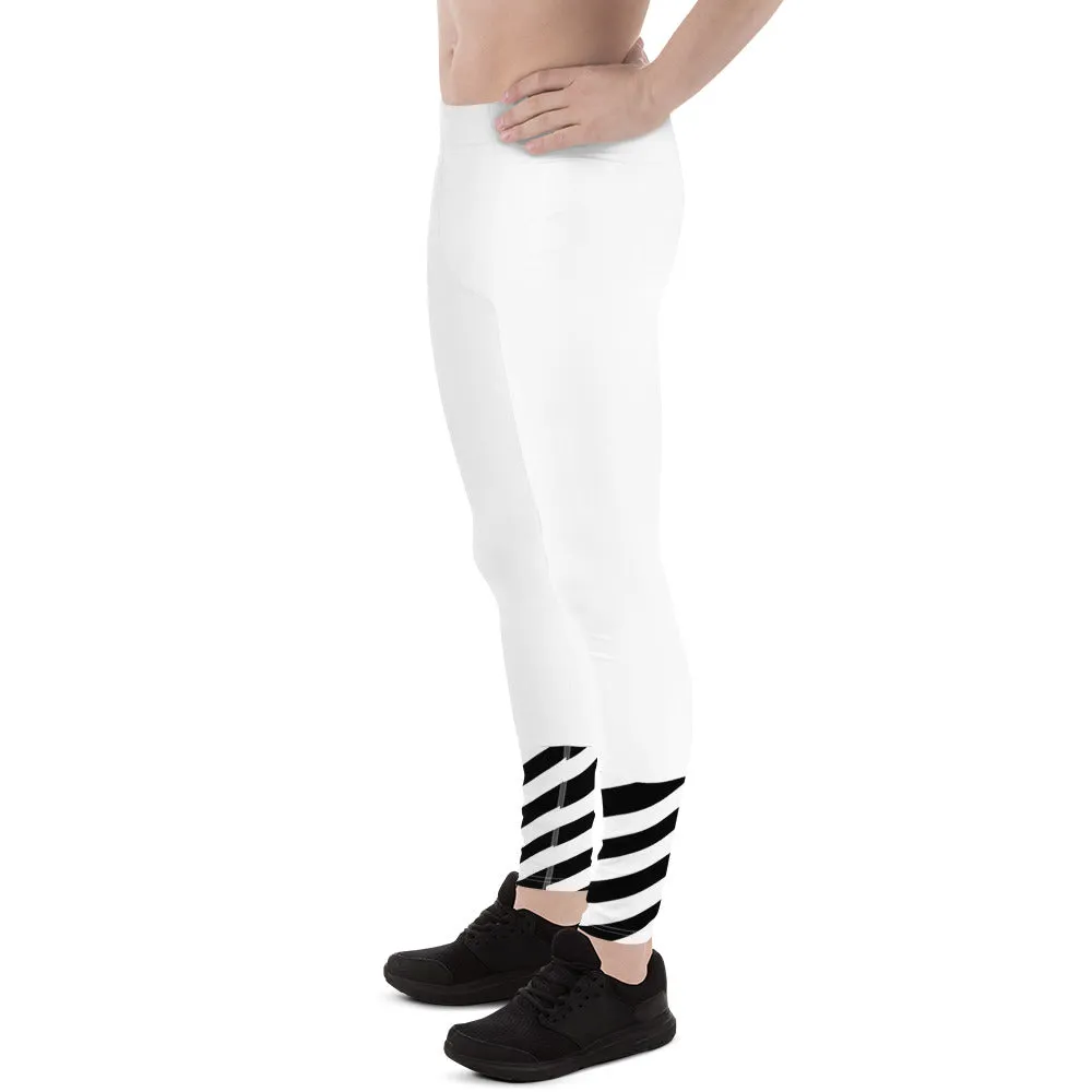 White Striped Black Meggings, Best White Modern Stripes Men's Leggings, Designer Minimalist Black White Modern Meggings-Made in USA/EU/MX