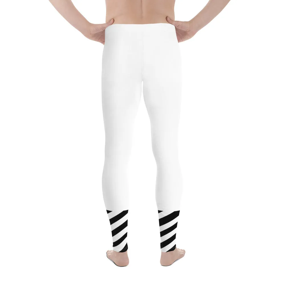 White Striped Black Meggings, Best White Modern Stripes Men's Leggings, Designer Minimalist Black White Modern Meggings-Made in USA/EU/MX