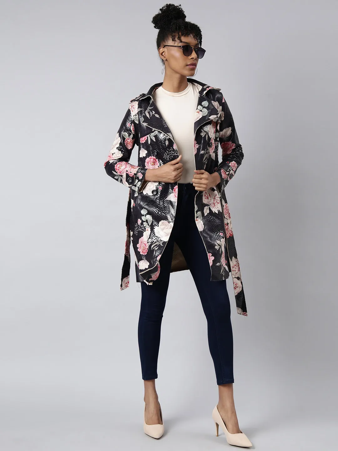 Women Floral Longline Black Trench Coat