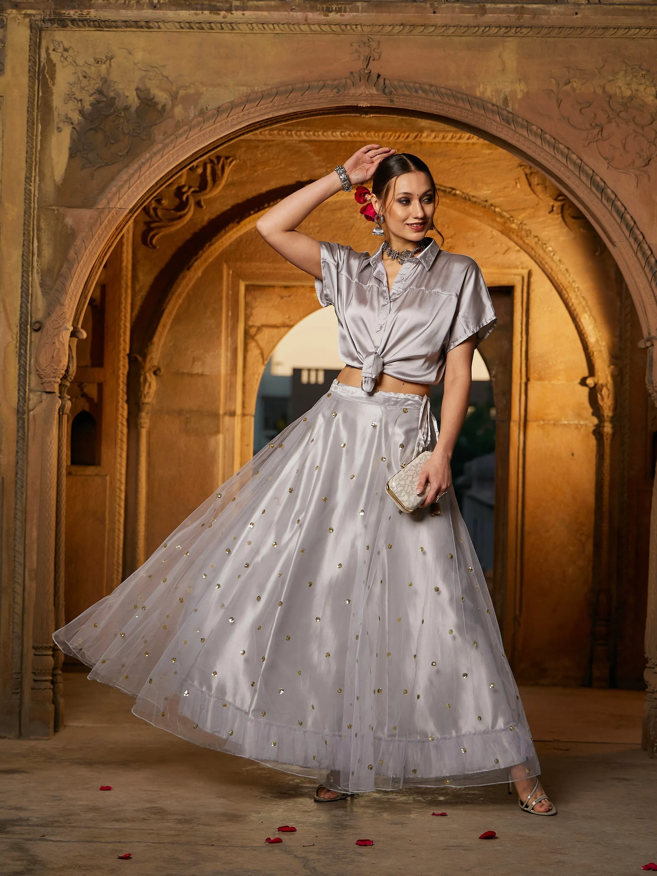 Women Grey Satin Crop Shirt With Tulle Sequin Skirt