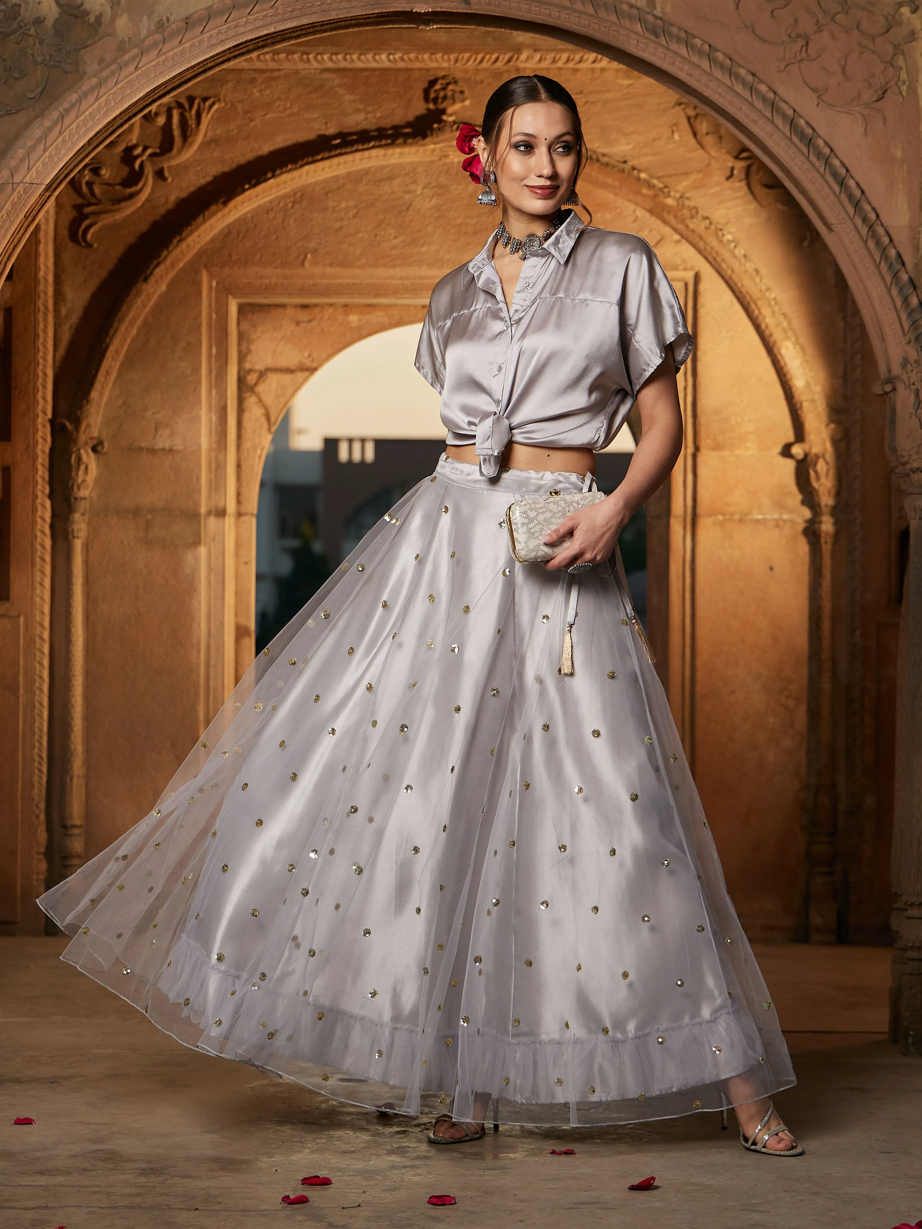 Women Grey Satin Crop Shirt With Tulle Sequin Skirt