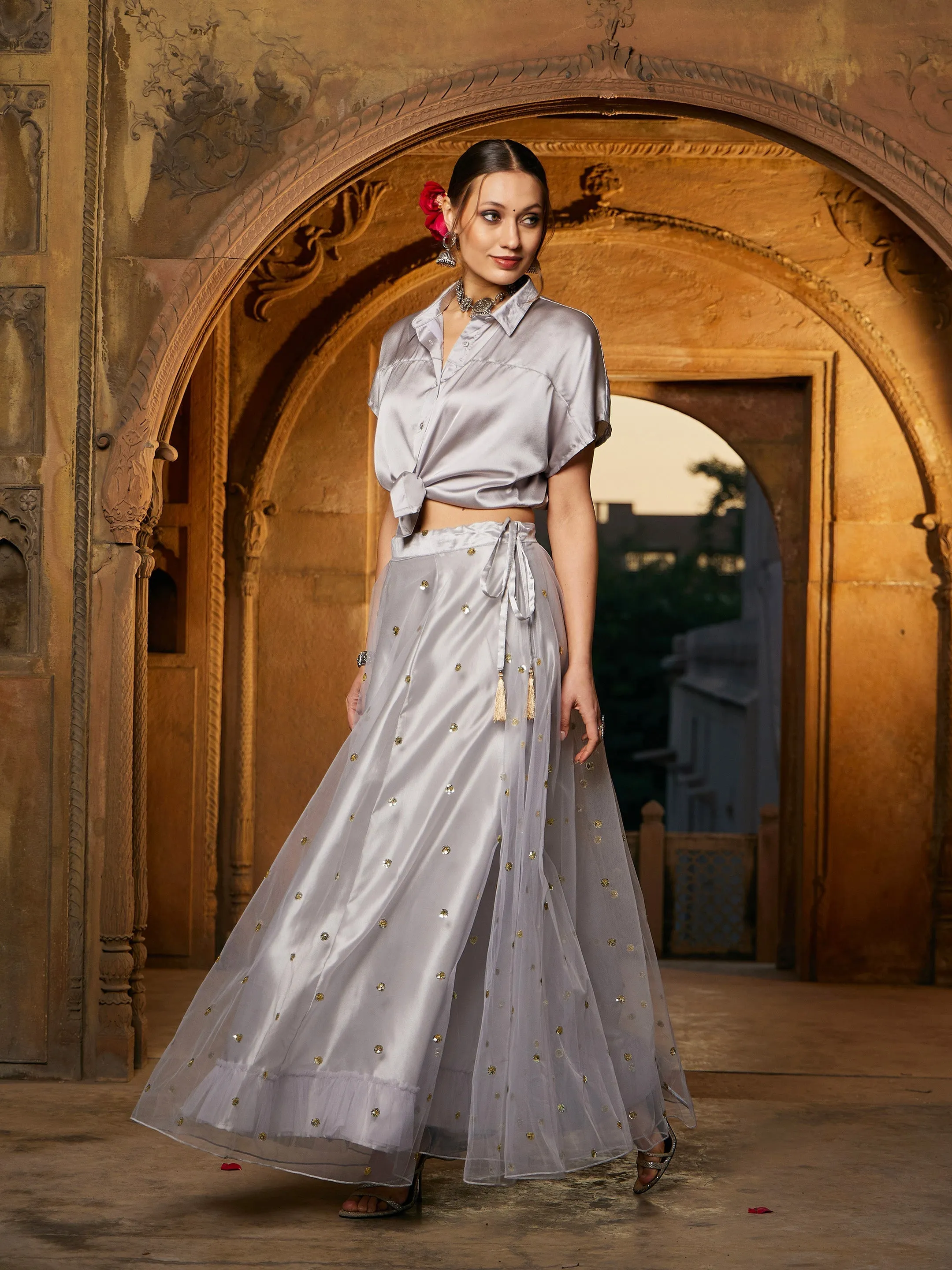 Women Grey Satin Crop Shirt With Tulle Sequin Skirt