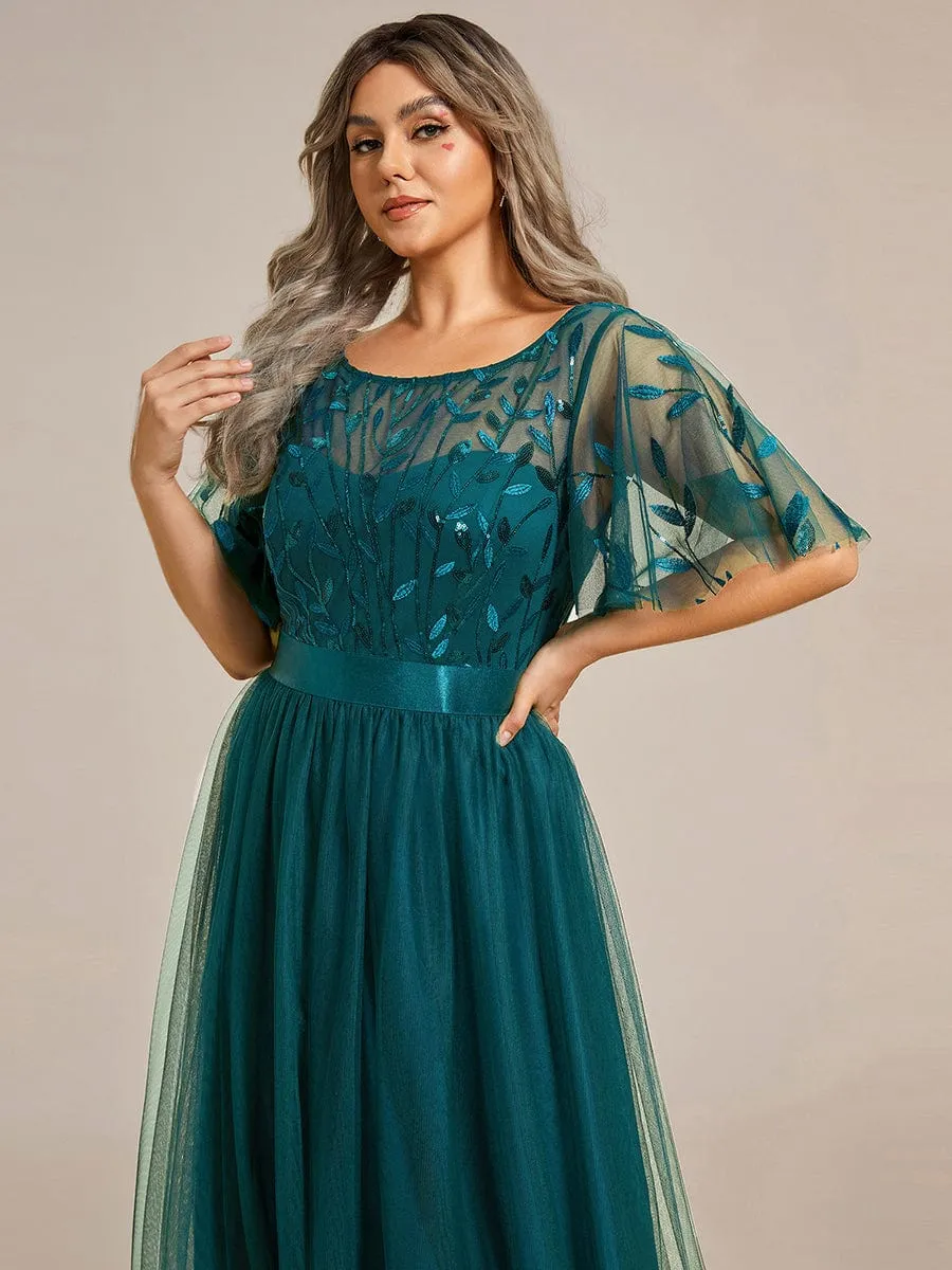 Women's A-Line Sequin Leaf Maxi Prom Dress with Sleeves