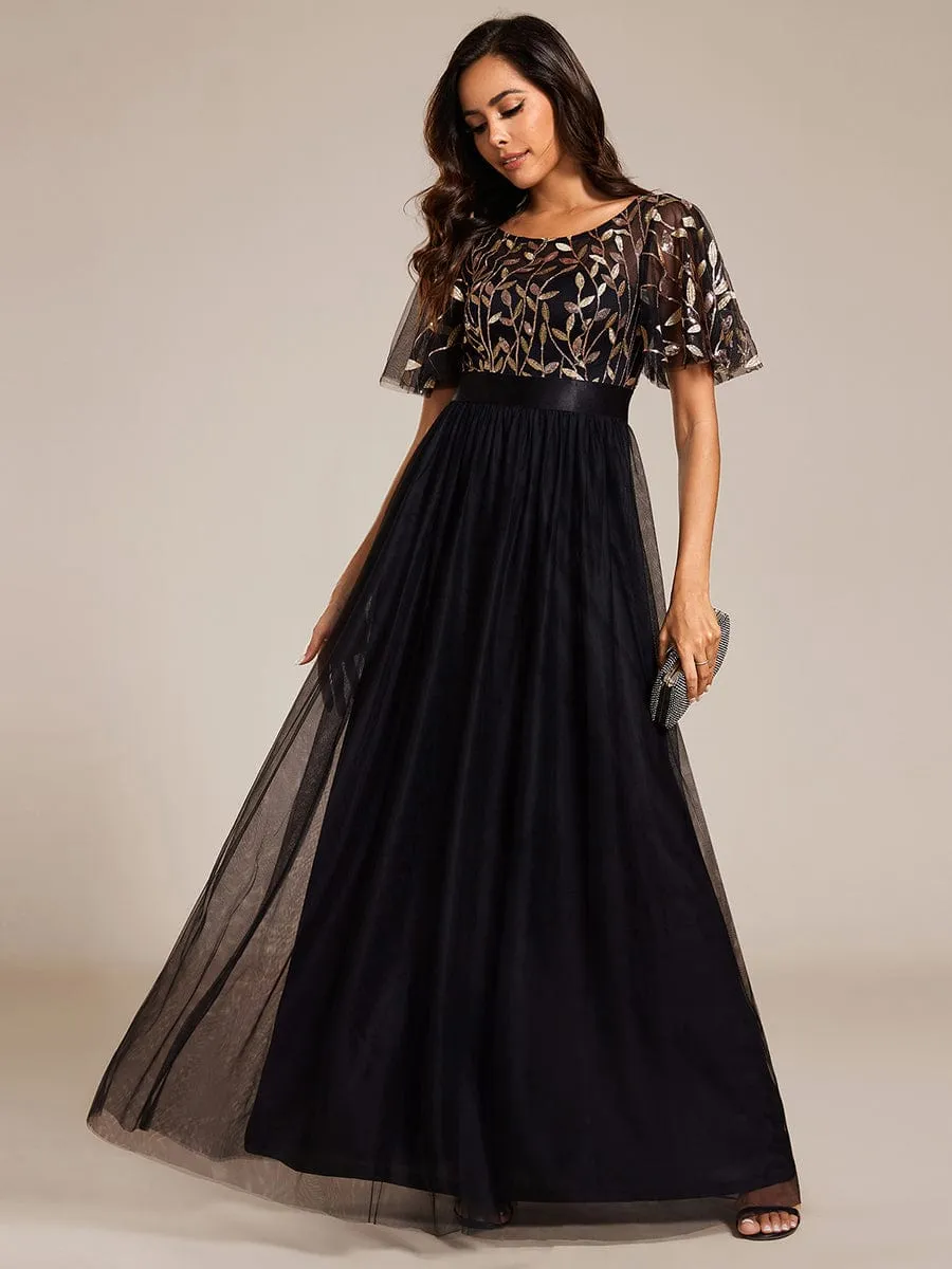 Women's A-Line Sequin Leaf Maxi Prom Dress with Sleeves