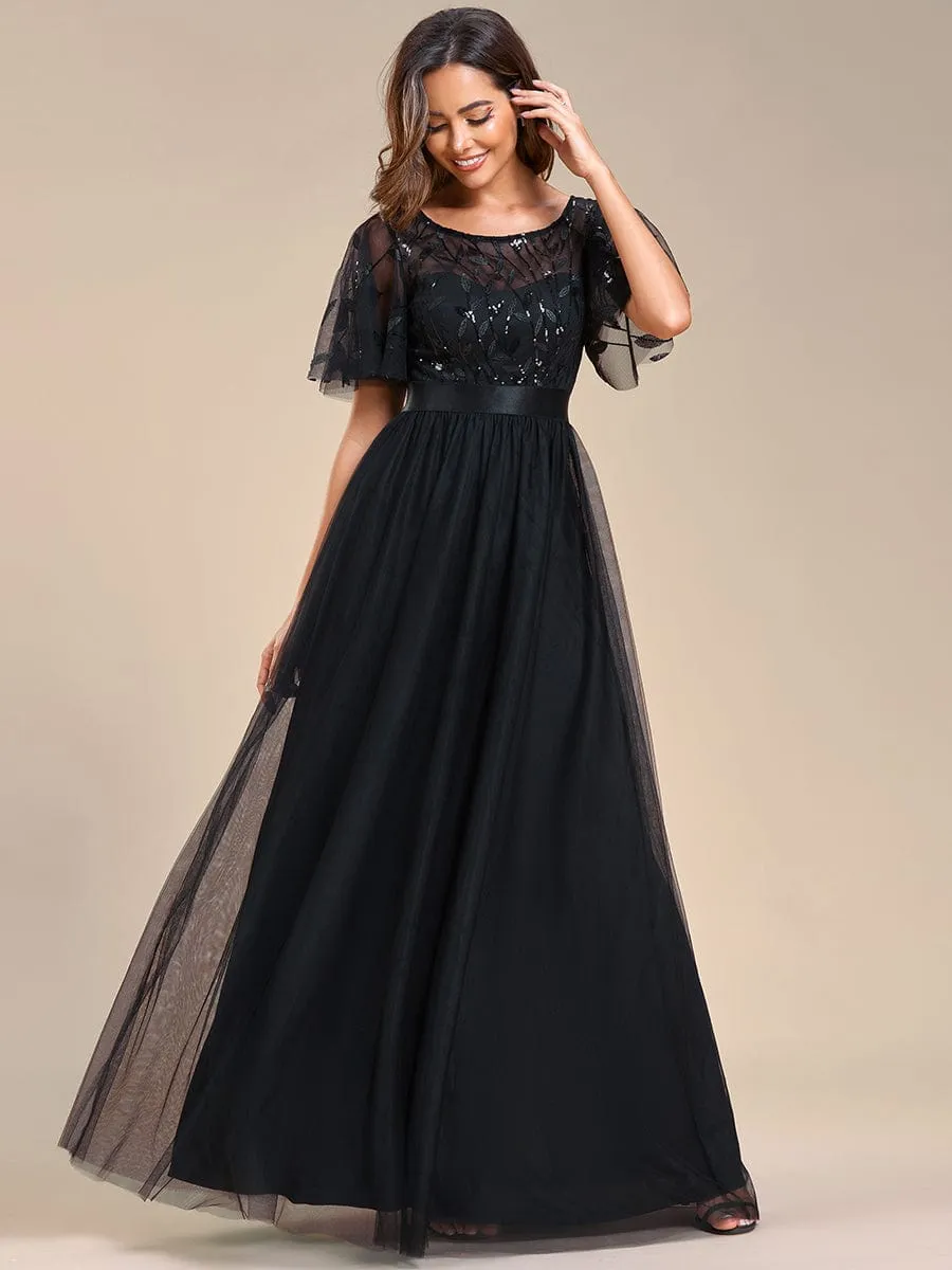 Women's A-Line Sequin Leaf Maxi Prom Dress with Sleeves