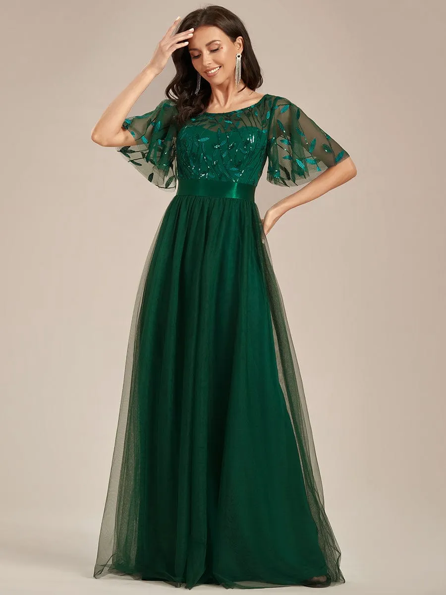 Women's A-Line Sequin Leaf Maxi Prom Dress with Sleeves