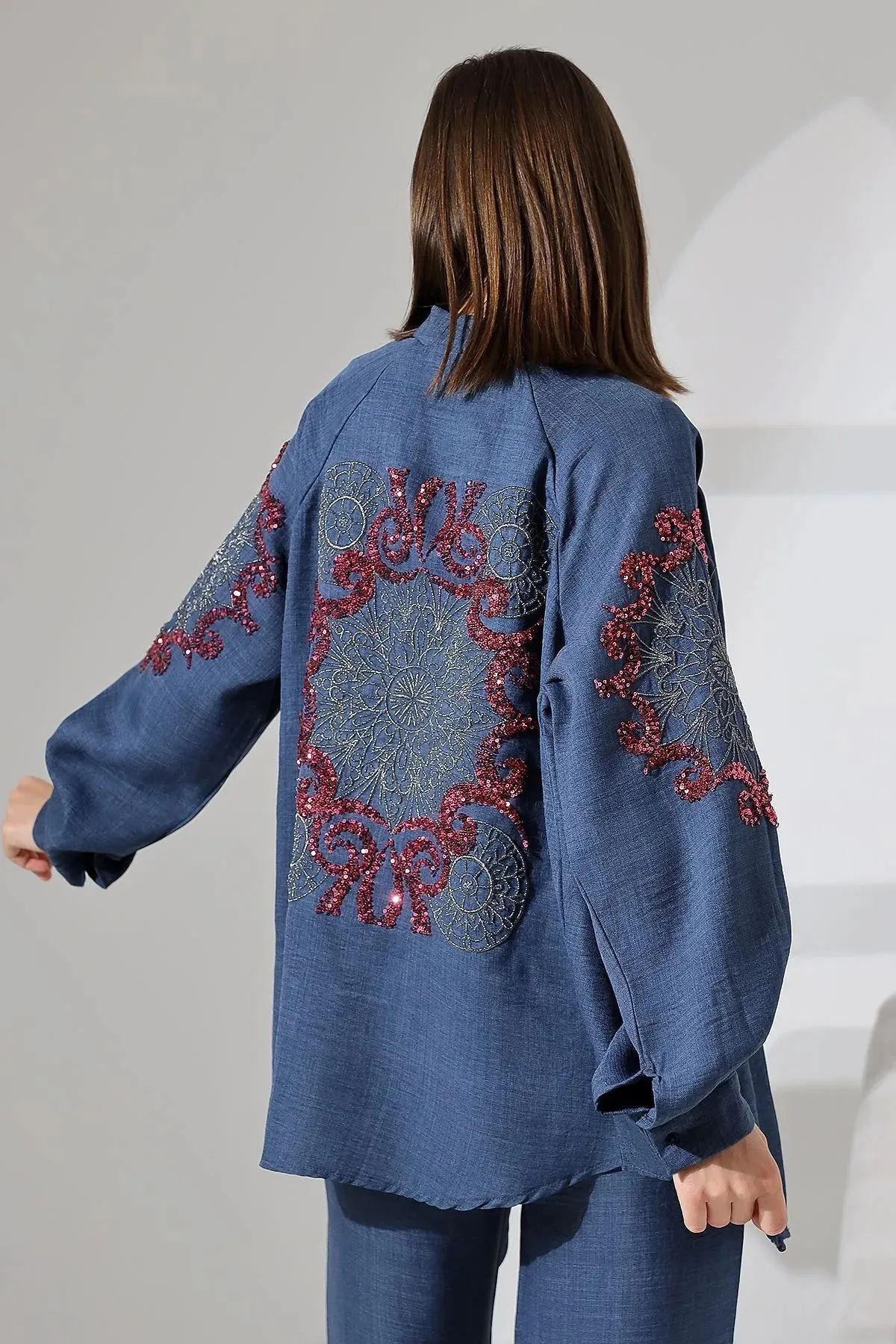 Women's Back and Sleeves Sequined Sequin Embroidered Linen Kimono Jacket and Trousers Bottom and Top Set