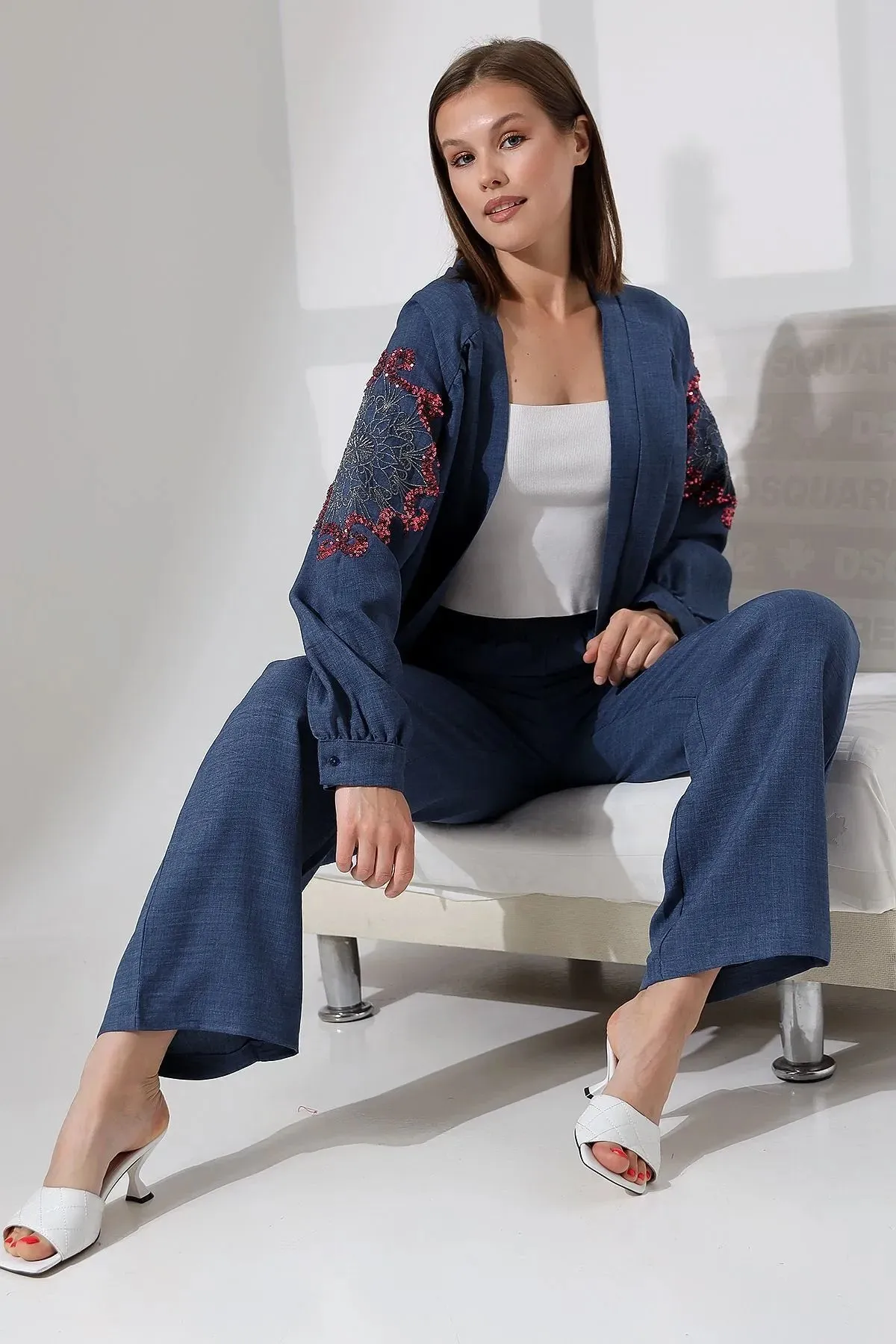 Women's Back and Sleeves Sequined Sequin Embroidered Linen Kimono Jacket and Trousers Bottom and Top Set