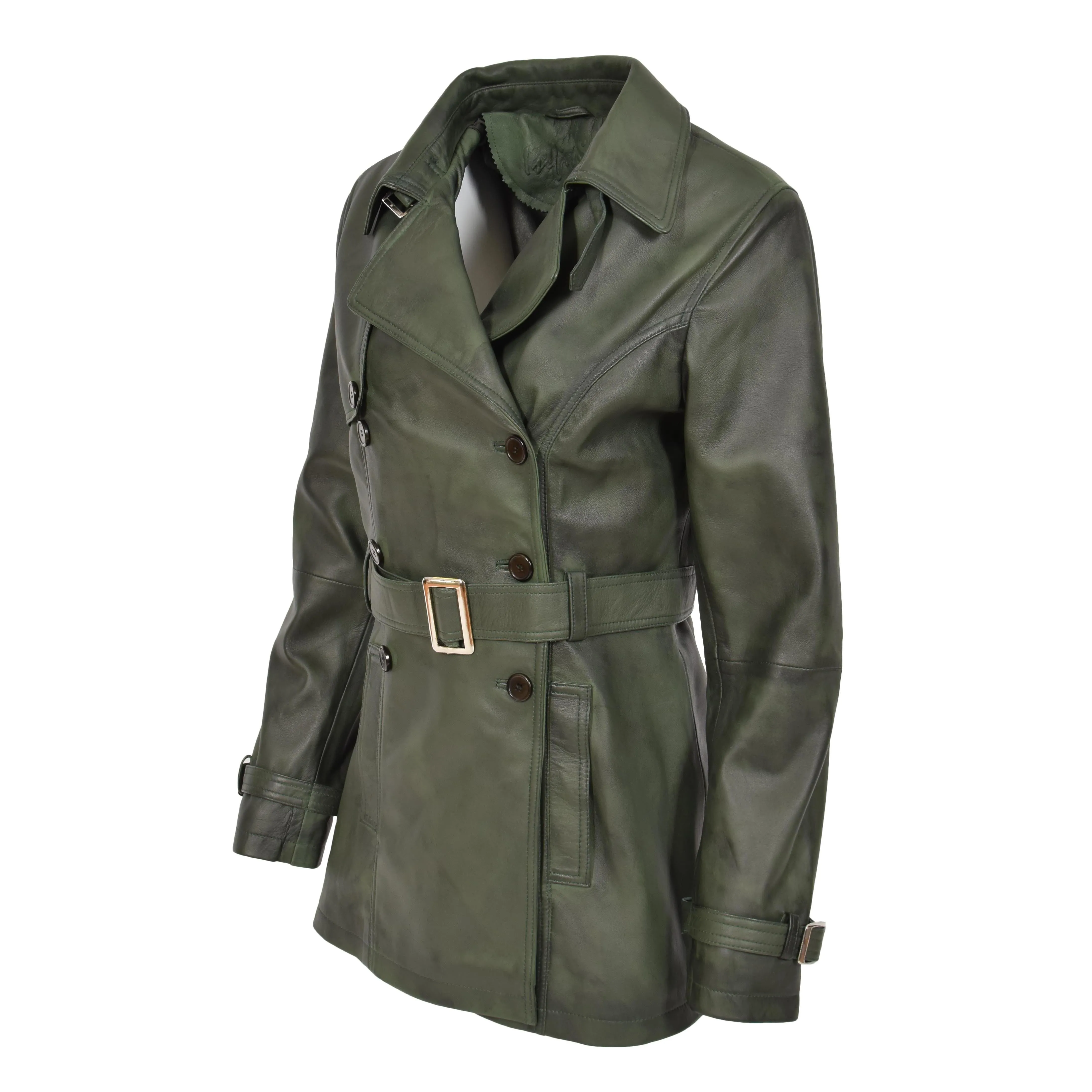 Womens Soft Leather Trench Coat Olivia Green