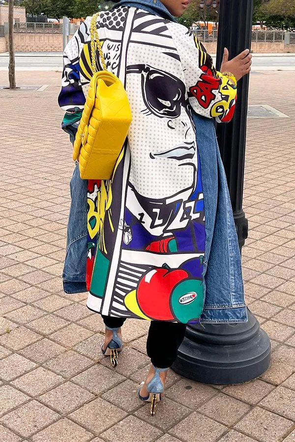 xiangtuibao Graffiti Print Patchwork Hippy Denim Trench Coat