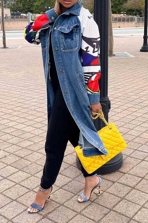 xiangtuibao Graffiti Print Patchwork Hippy Denim Trench Coat