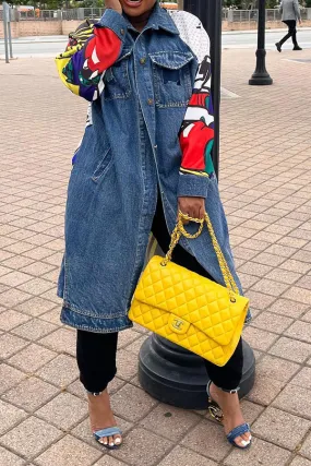 xiangtuibao Graffiti Print Patchwork Hippy Denim Trench Coat