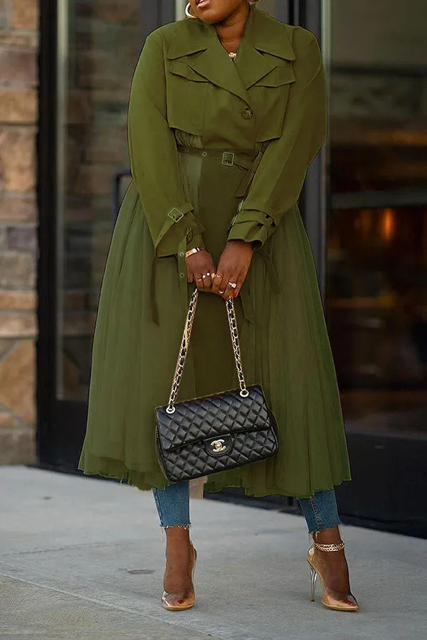 xiangtuibao Solid Color Tulle Patchwork Unusual Belted Trench Coat