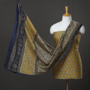 Yellow - 3pc Chanderi Silk Bagru Print Dress Material 09