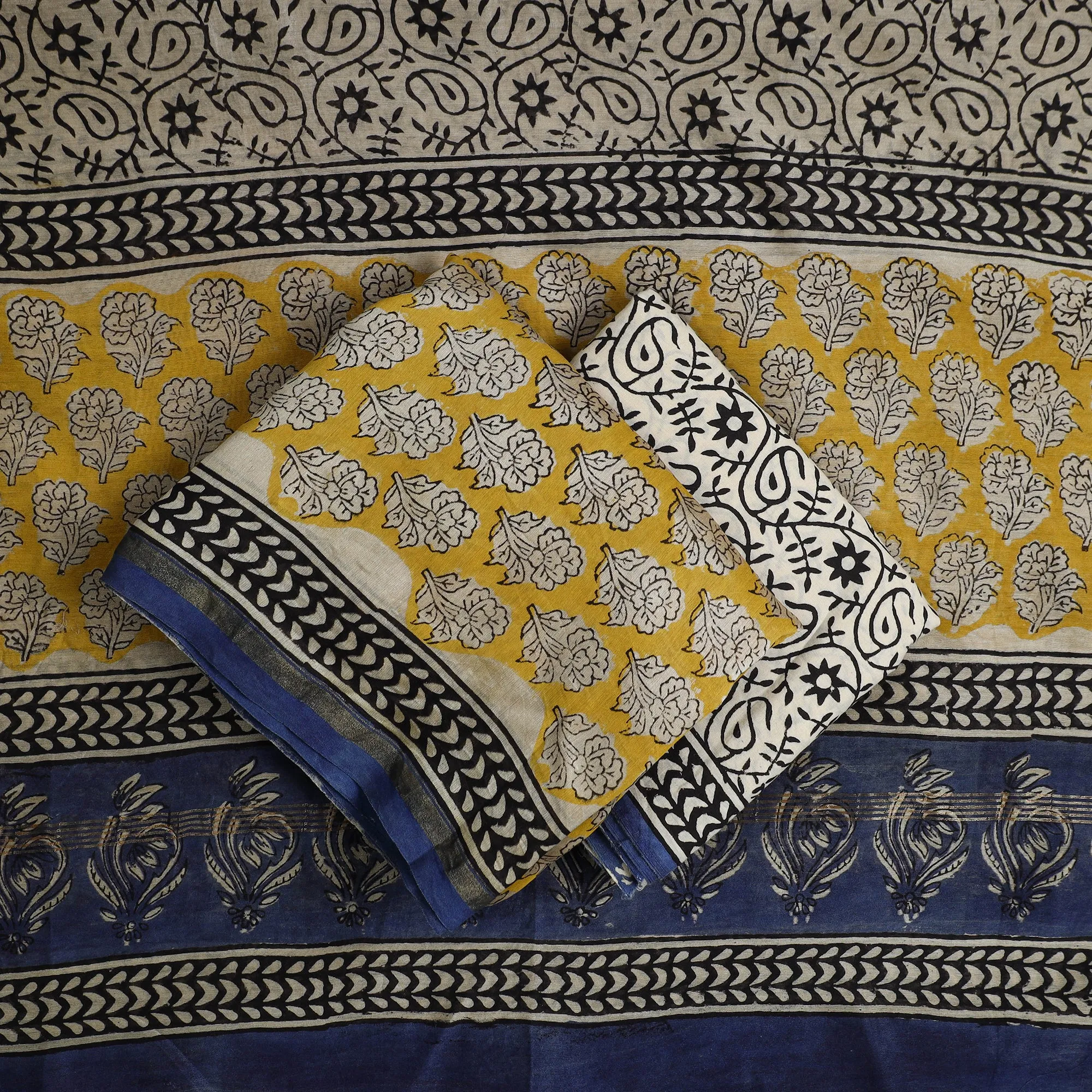 Yellow - 3pc Chanderi Silk Bagru Print Dress Material 09