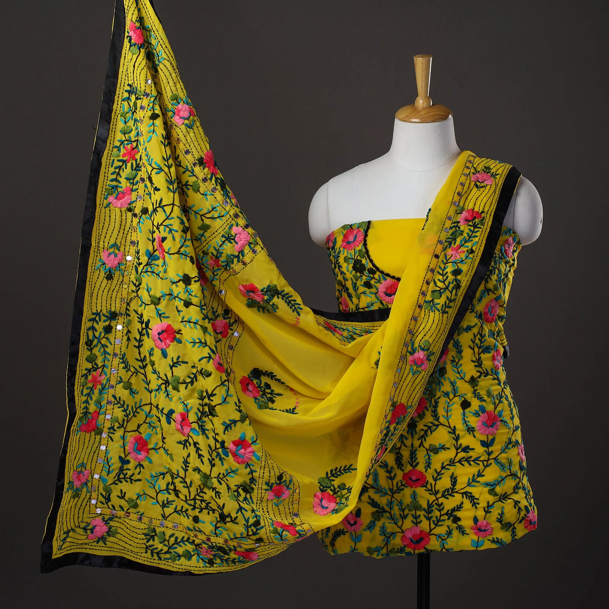 Yellow - 3pc Hand Embroidery Georgette Phulkari Dress Material 21