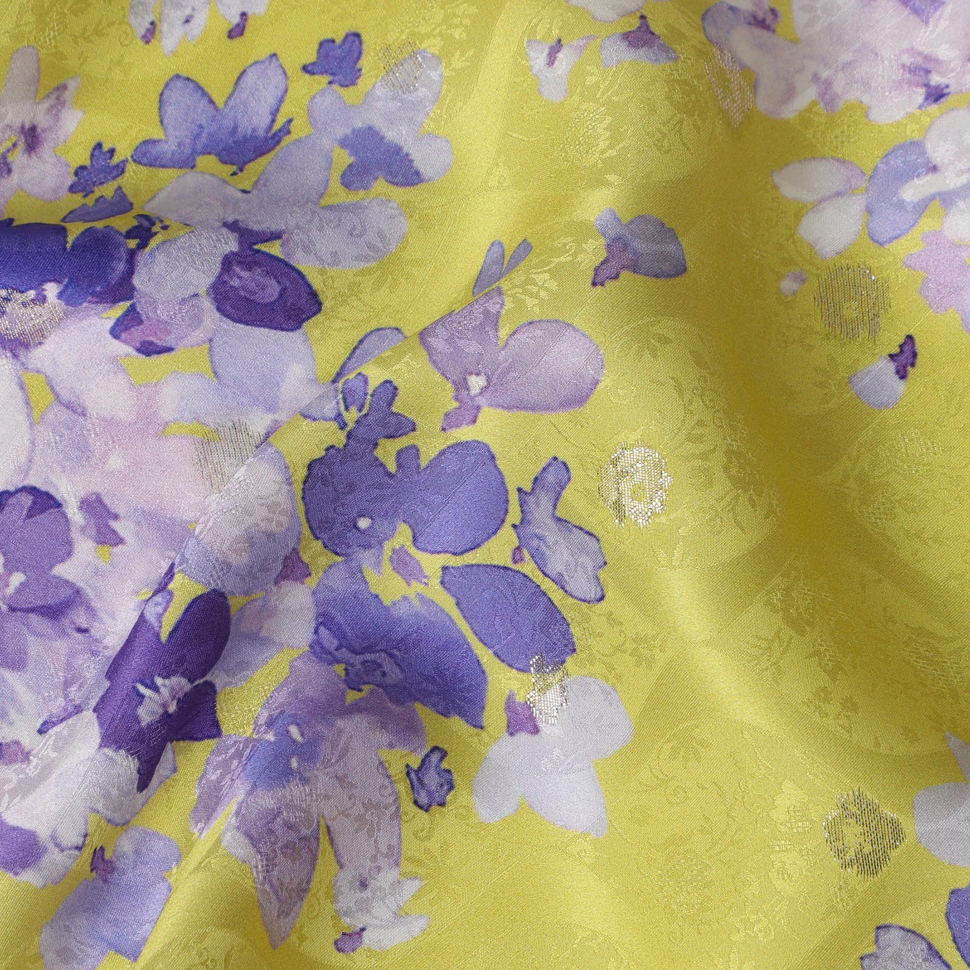 Yellow Floral Silk Satin Fabric with Metallic Accents, Width 140 cm, South Korea-D21282